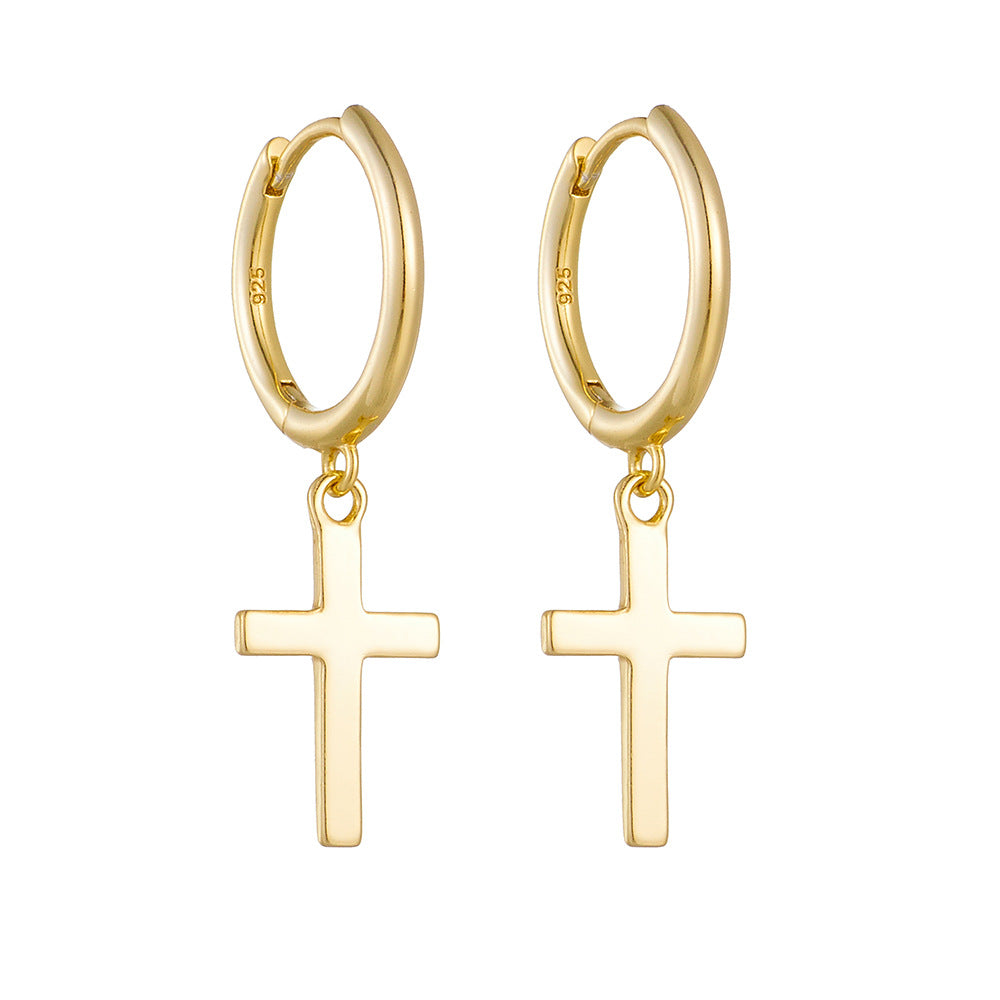 925 Sterling Silver Cross Drop Hoop Earrings, Minimalist Hip-Hop Style Jewelry