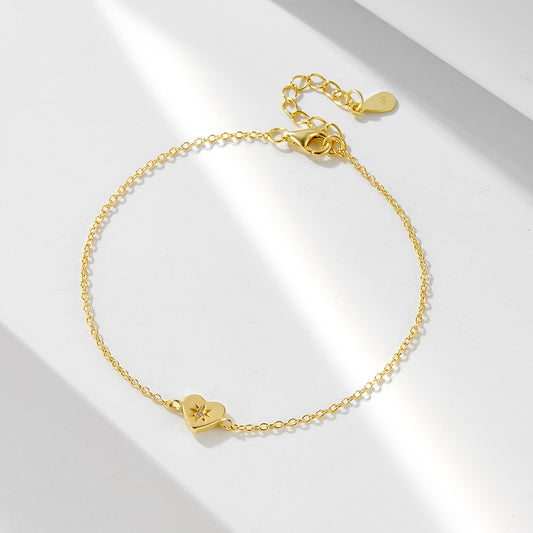 925 Sterling Silver 14K Gold Plated Heart Bracelet, Minimalist High-End Love Charm Jewelry