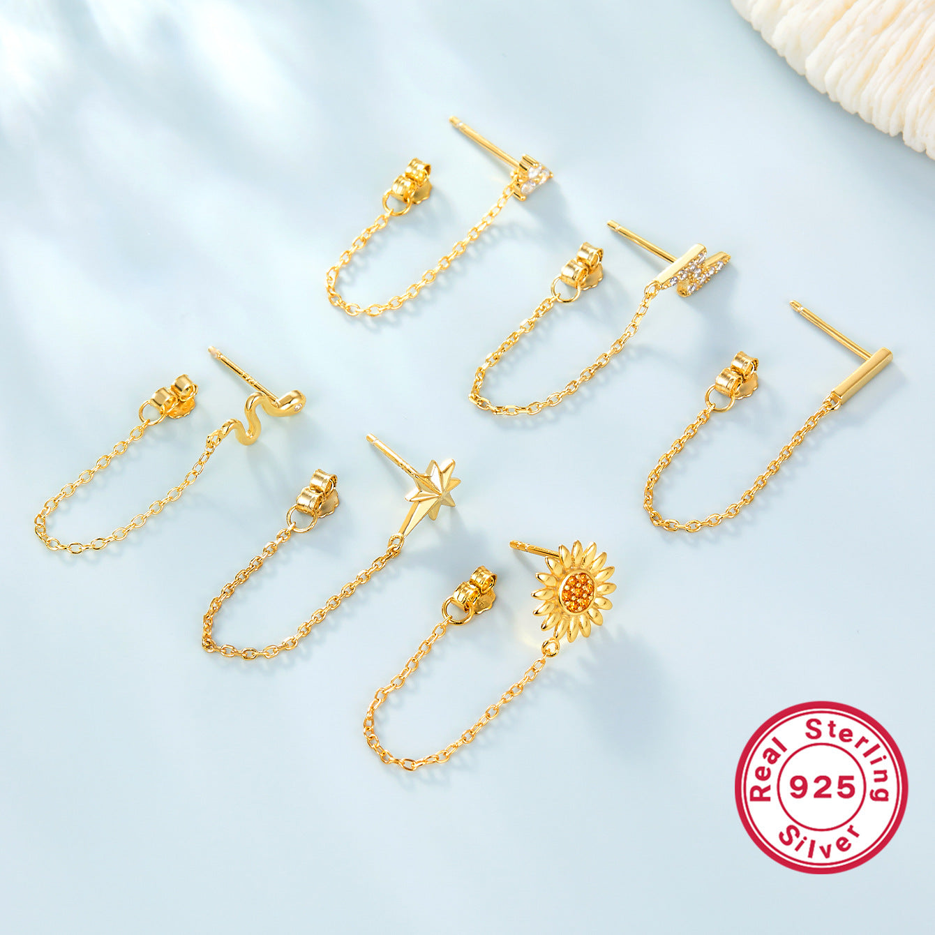 Octagram Snake Earring - 925 Silver Single Chain Geometric Jewelry