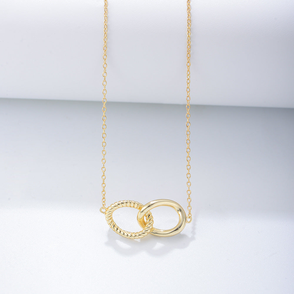 925 Sterling Silver Geometric Twisted Double Ring Necklace, Interlocking Circle Jewelry