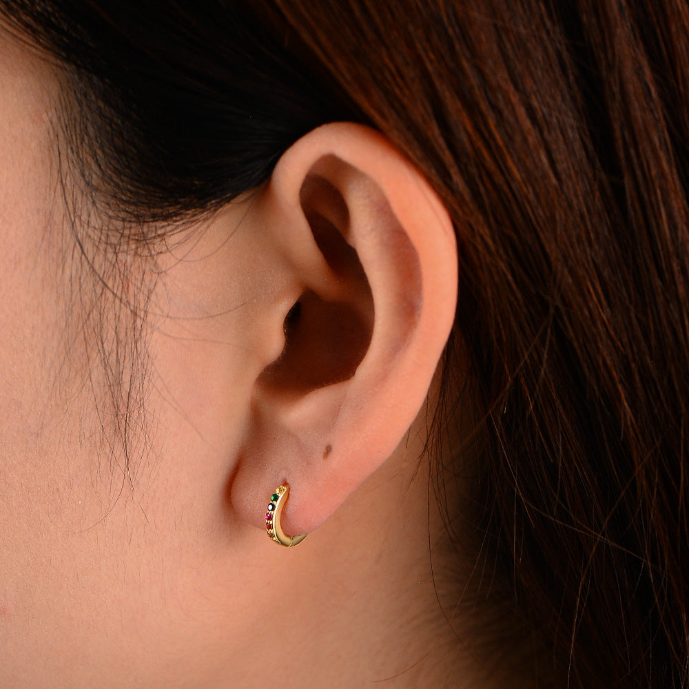 925 Sterling Silver Rainbow Zircon Hoop Earrings, Micro-Pave Colored CZ Huggie Hoops, Hypoallergenic Round Ear Buckles, Dainty Tiny Hoops for Women