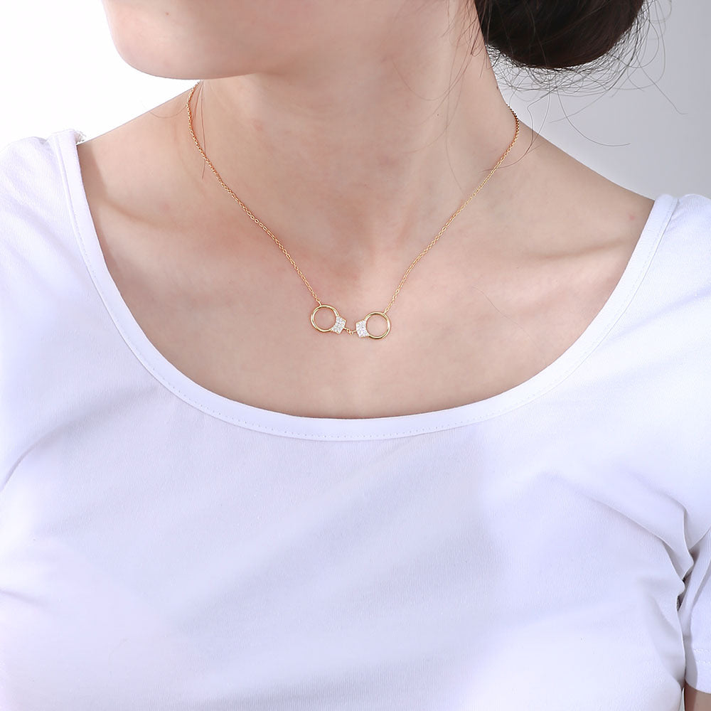 925 Sterling Silver Handcuff Necklace, Sparkling Zirconia Pendant