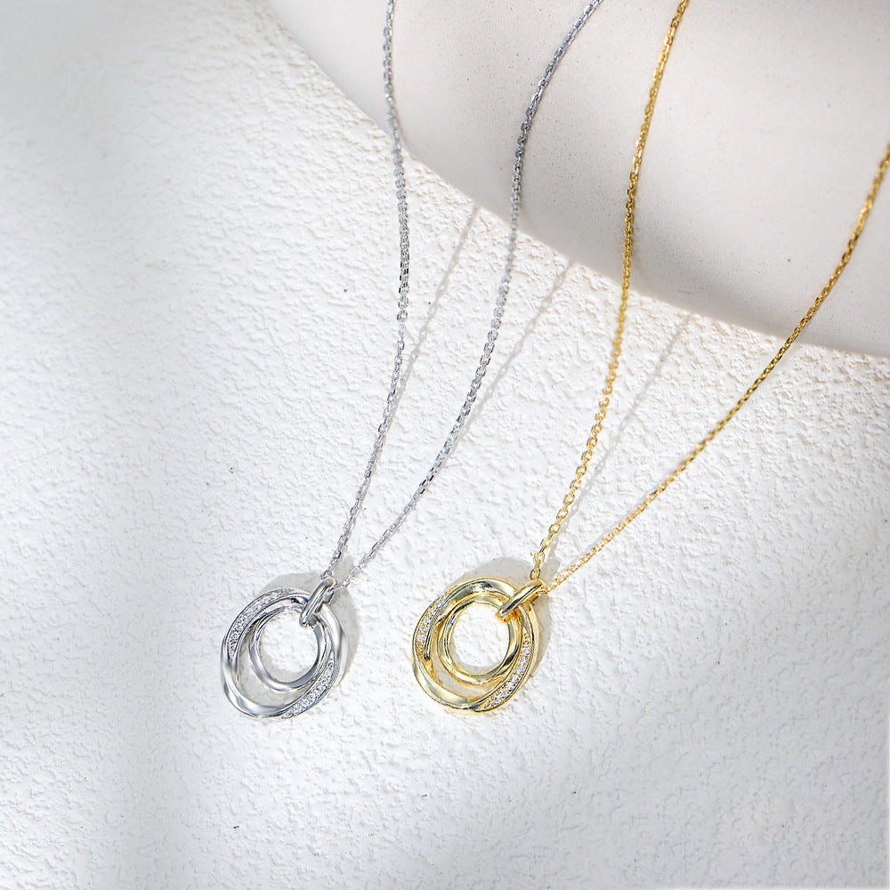 925 Sterling Silver Interlocking Double Circle Pave Zirconia Necklace, Vintage High-End Jewelry