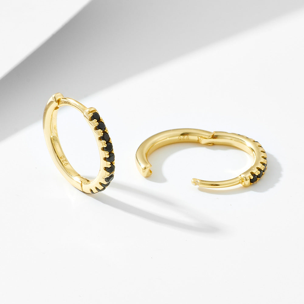 925 Sterling Silver Micro-Pave Black Zirconia Round Hoop Earrings, Minimalist Geometric Jewelry