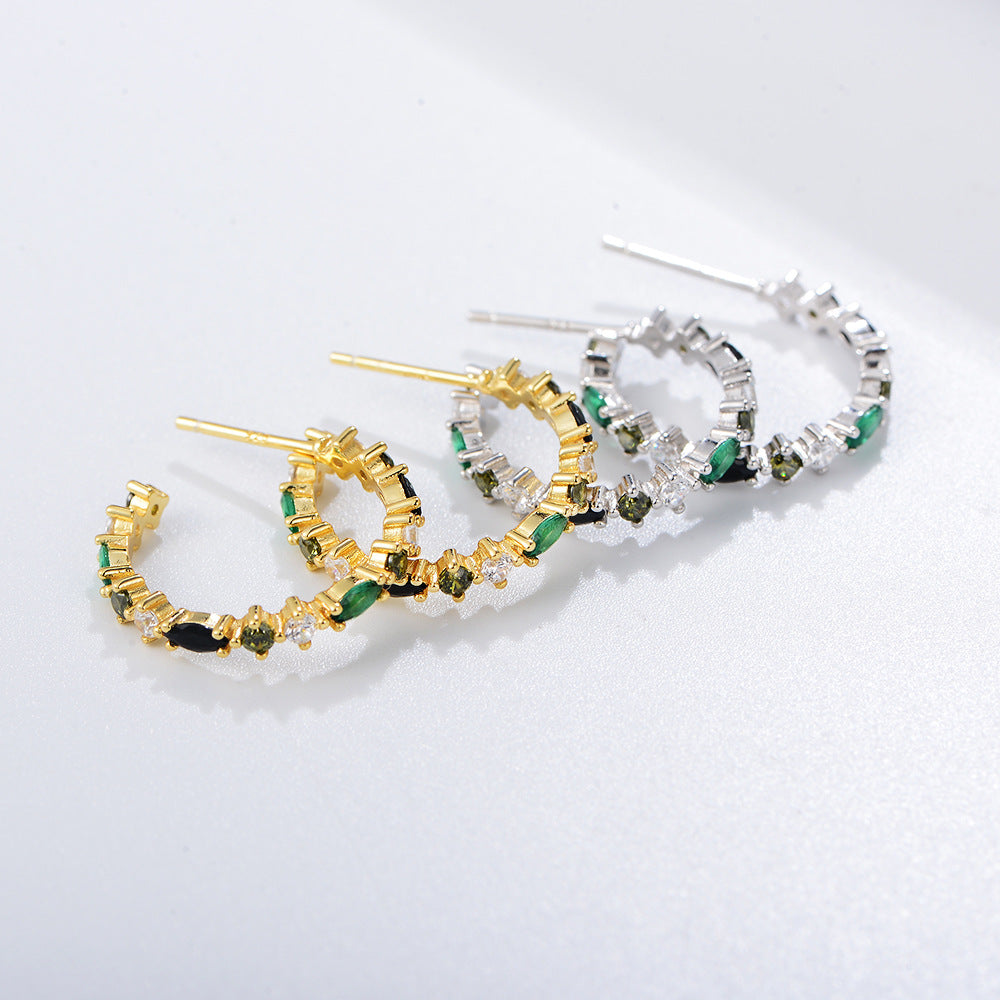 Elegant S925 Silver Rainbow C-Hoops - Chic Aesthetic Colored Zircon Earrings, Modern Luxury Geometric Studs