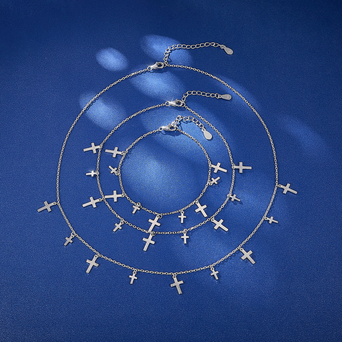 925 Silver Crucifix Jewelry Set | Tassel Necklace, Bracelet, Anklet