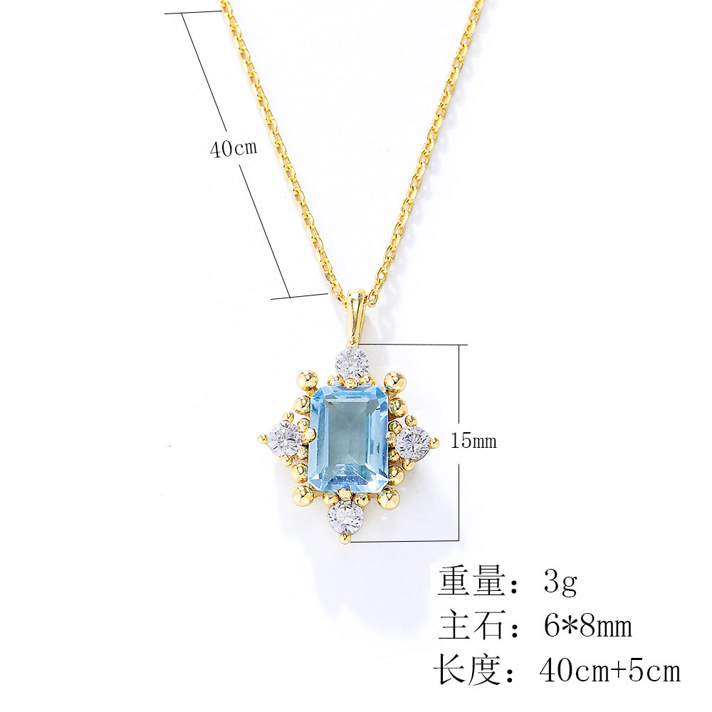 925 Sterling Silver Natural Sky Blue Topaz Necklace, Vintage Light Luxury Design Jewelry