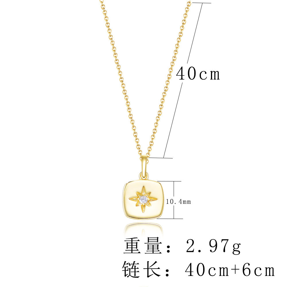 925 Sterling Silver Eight-Point Star Square Medallion Necklace, Zirconia Jewelry