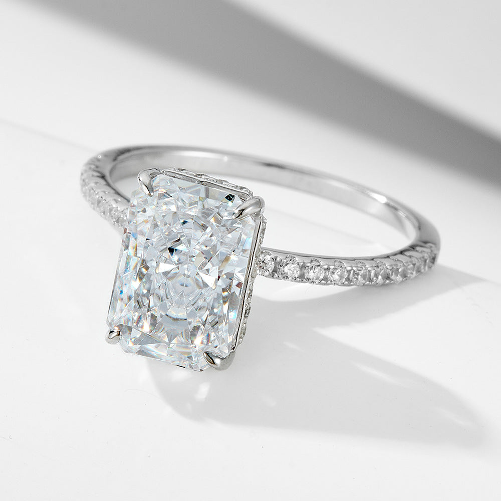 925 Sterling Silver 3.5 Carat Ice-Crushed Carbon Diamond Ring, 710mm Radiant Cut Luxury Jewelry