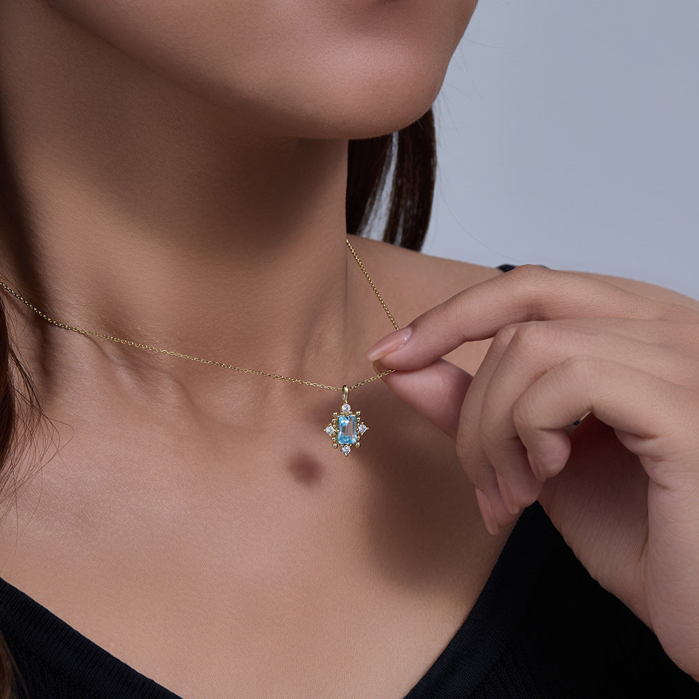 925 Sterling Silver Natural Sky Blue Topaz Necklace, Vintage Light Luxury Design Jewelry