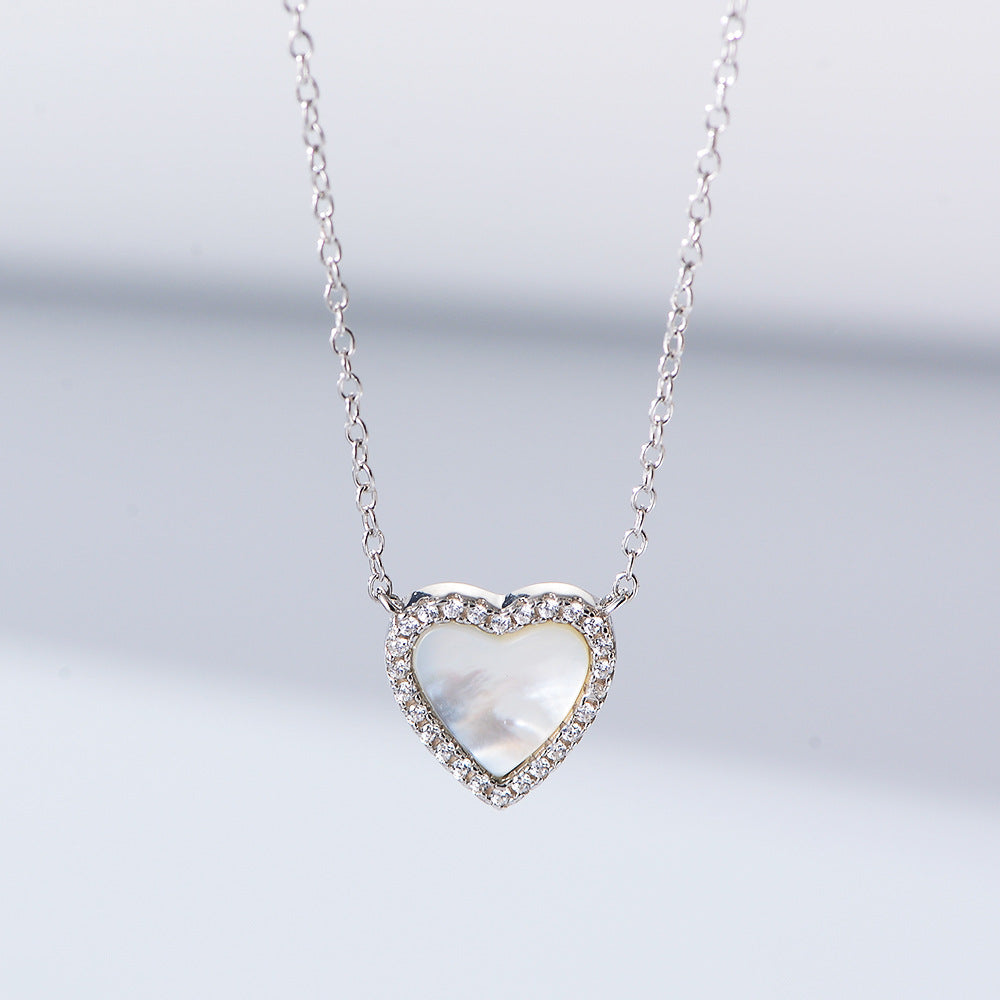 925 Sterling Silver Heart Shell Pendant Necklace, Sparkling Zirconia Jewelry