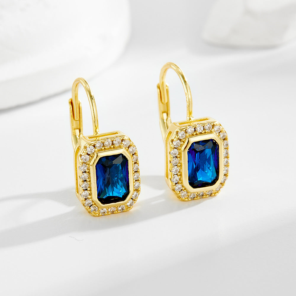 925 Sterling Silver 14K Gold Plated Square Zirconia Earrings, French Vintage Style High-End Luxury Jewelry