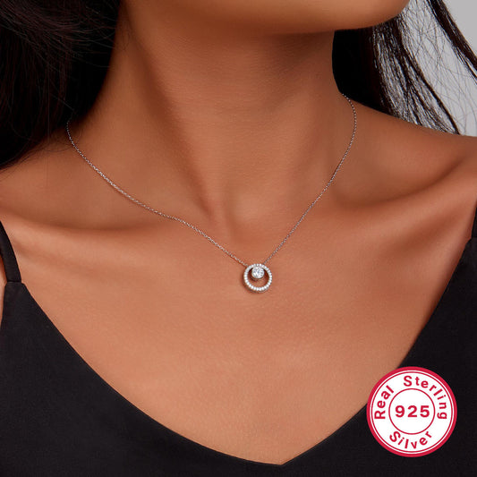 Zircon Circle Necklace - S925 Sterling Silver Versatile Beaded Collarbone Chain