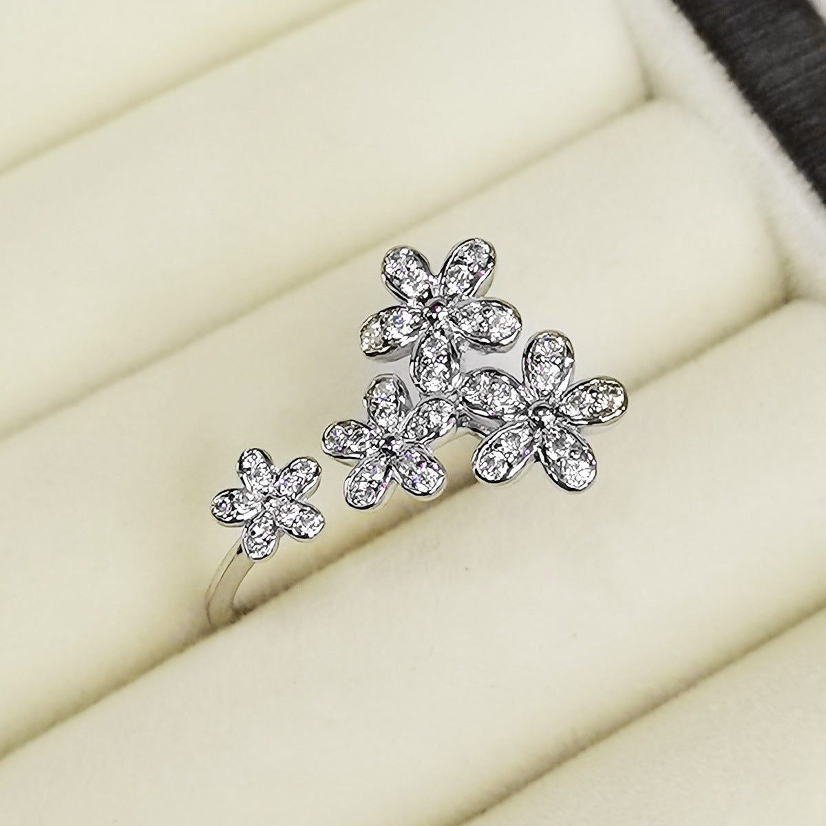 Zircon Flower Ring - S925 Silver Adjustable Sweet Christmas Gift