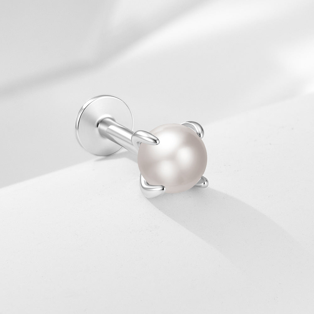 925 Sterling Silver Classic Pearl Flat-Back Labret Stud, Minimalist Threaded Piercing Jewelry