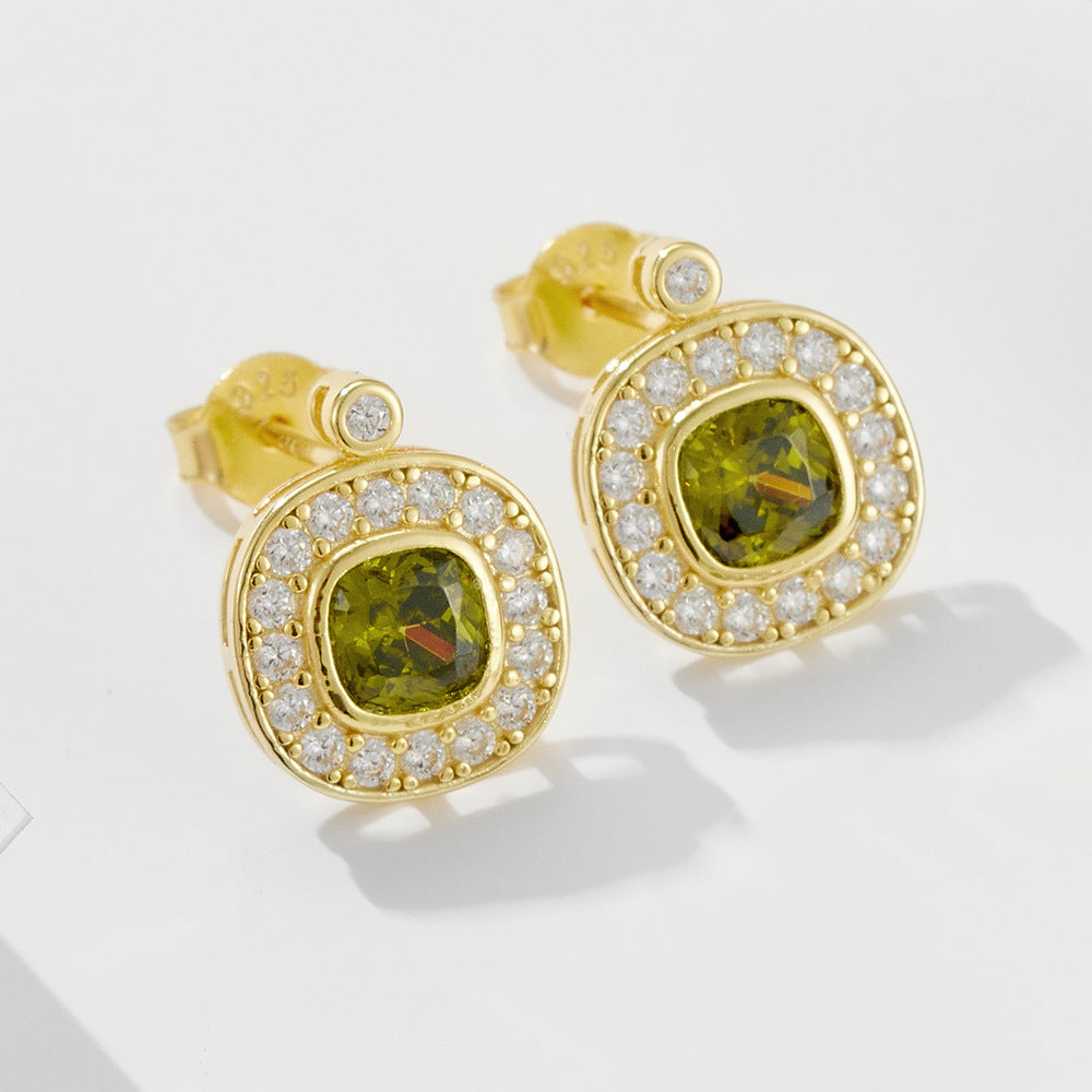 925 Sterling Silver Vintage Olive Green Zirconia Stud Earrings, Minimalist Geometric Jewelry