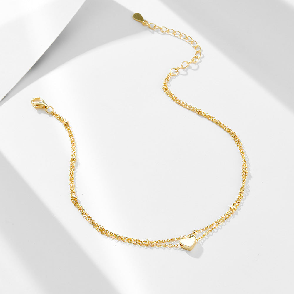 925 Sterling Silver Double Layer Heart Pendant Anklet, Gold Plated Fashion Jewelry