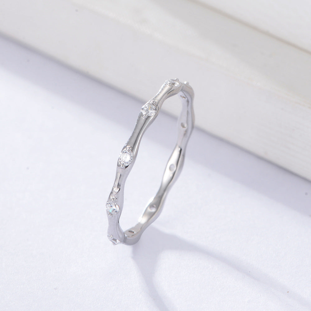 925 Sterling Silver Geometric Bamboo Joint Ring, Minimalist Zirconia High-End Jewelry