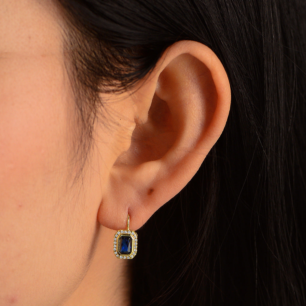 925 Sterling Silver 14K Gold Plated Square Zirconia Earrings, French Vintage Style High-End Luxury Jewelry
