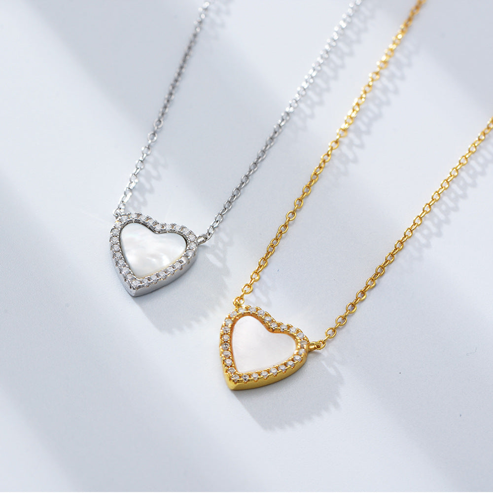 925 Sterling Silver Heart Shell Pendant Necklace, Sparkling Zirconia Jewelry