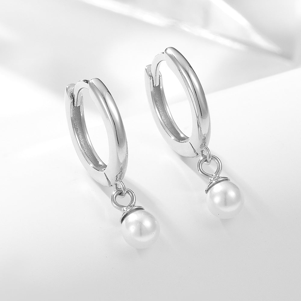925 Silver Elegant Pearl Huggie Earrings - High-End French Vintage Style