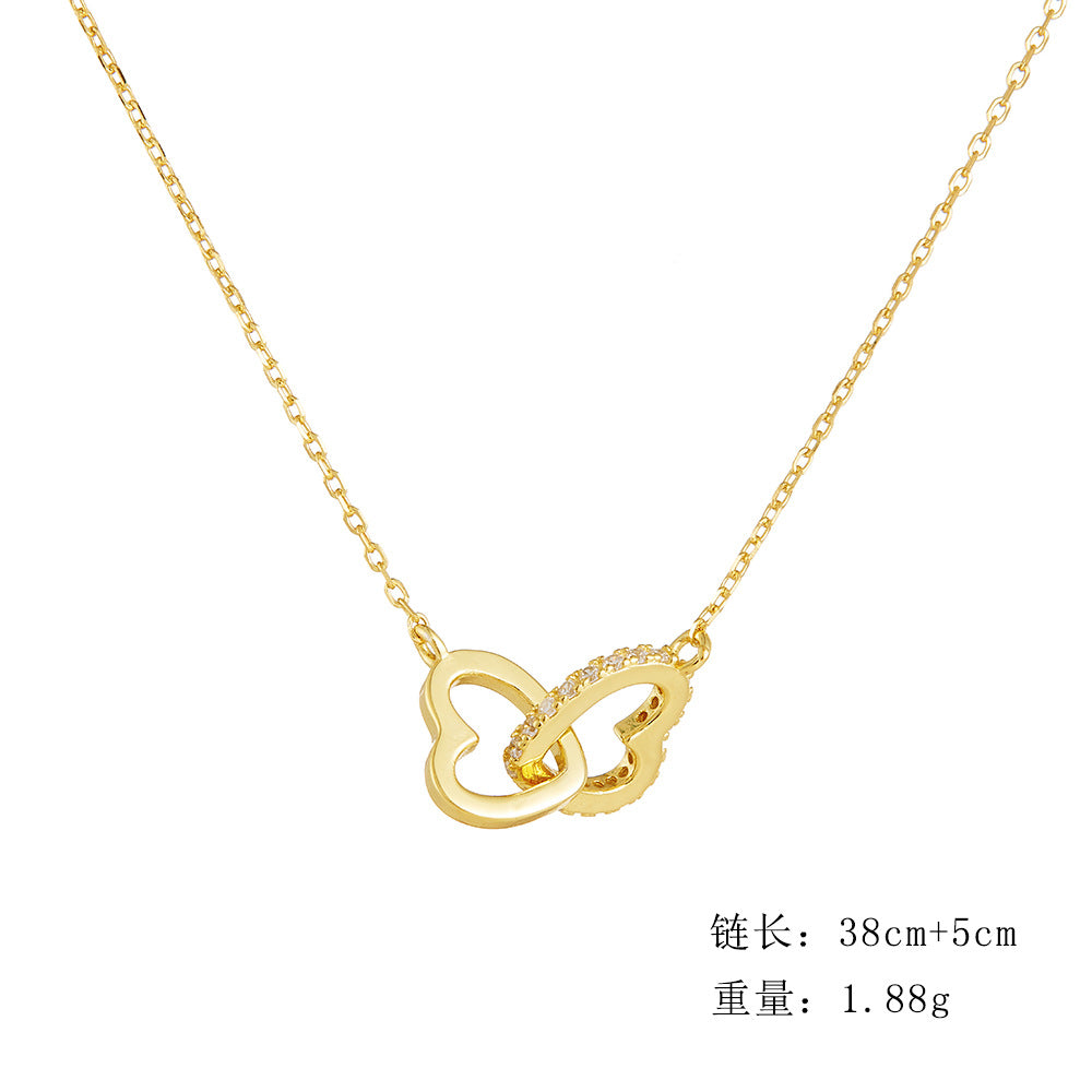 925 Sterling Silver Interlocking Heart Pave Zirconia Necklace, Minimalist High-End Jewelry