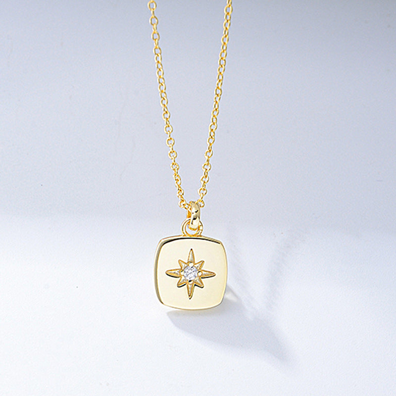 925 Sterling Silver Eight-Point Star Square Medallion Necklace, Zirconia Jewelry