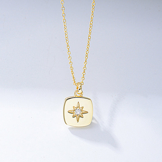 925 Sterling Silver Eight-Point Star Square Medallion Necklace, Zirconia Jewelry