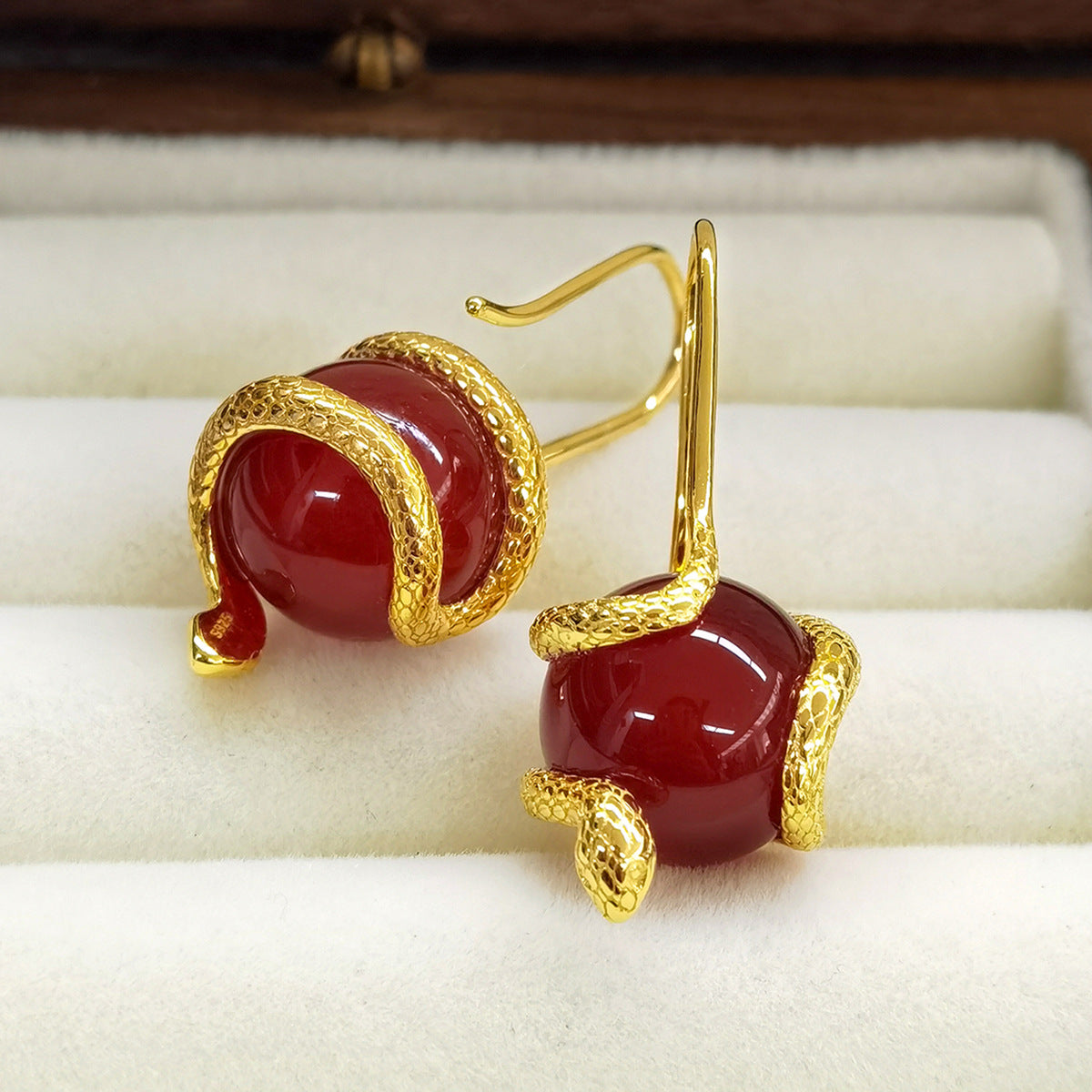 Serpentine Agate Ear Hooks - S925 Silver Retro High-End Banquet Earrings