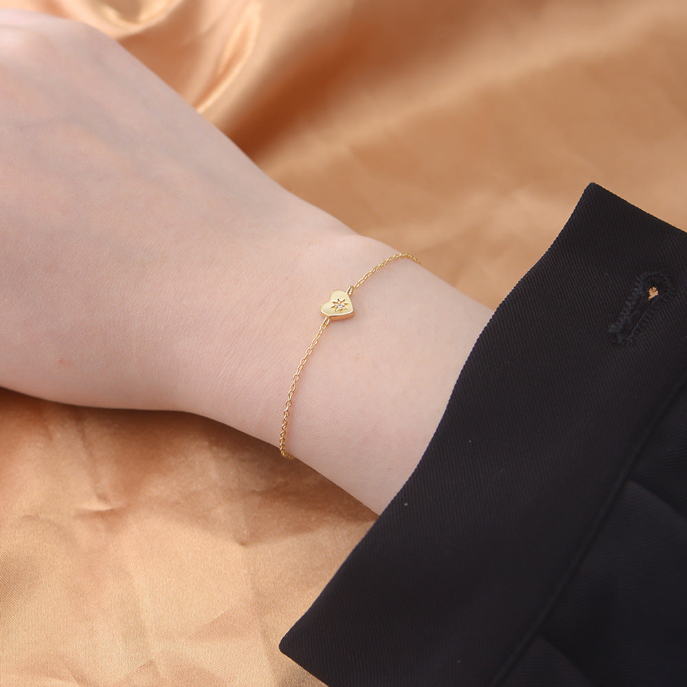 925 Sterling Silver 14K Gold Plated Heart Bracelet, Minimalist High-End Love Charm Jewelry