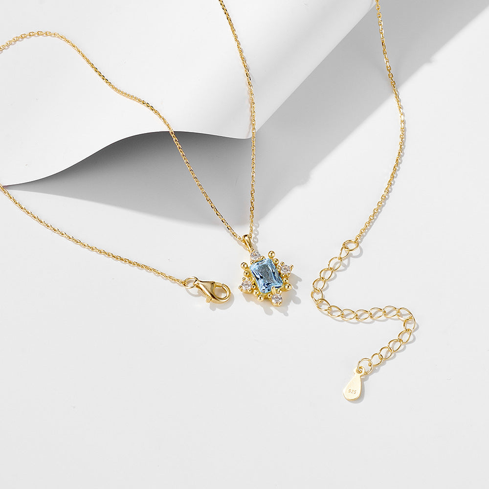 925 Sterling Silver Natural Sky Blue Topaz Necklace, Vintage Light Luxury Design Jewelry