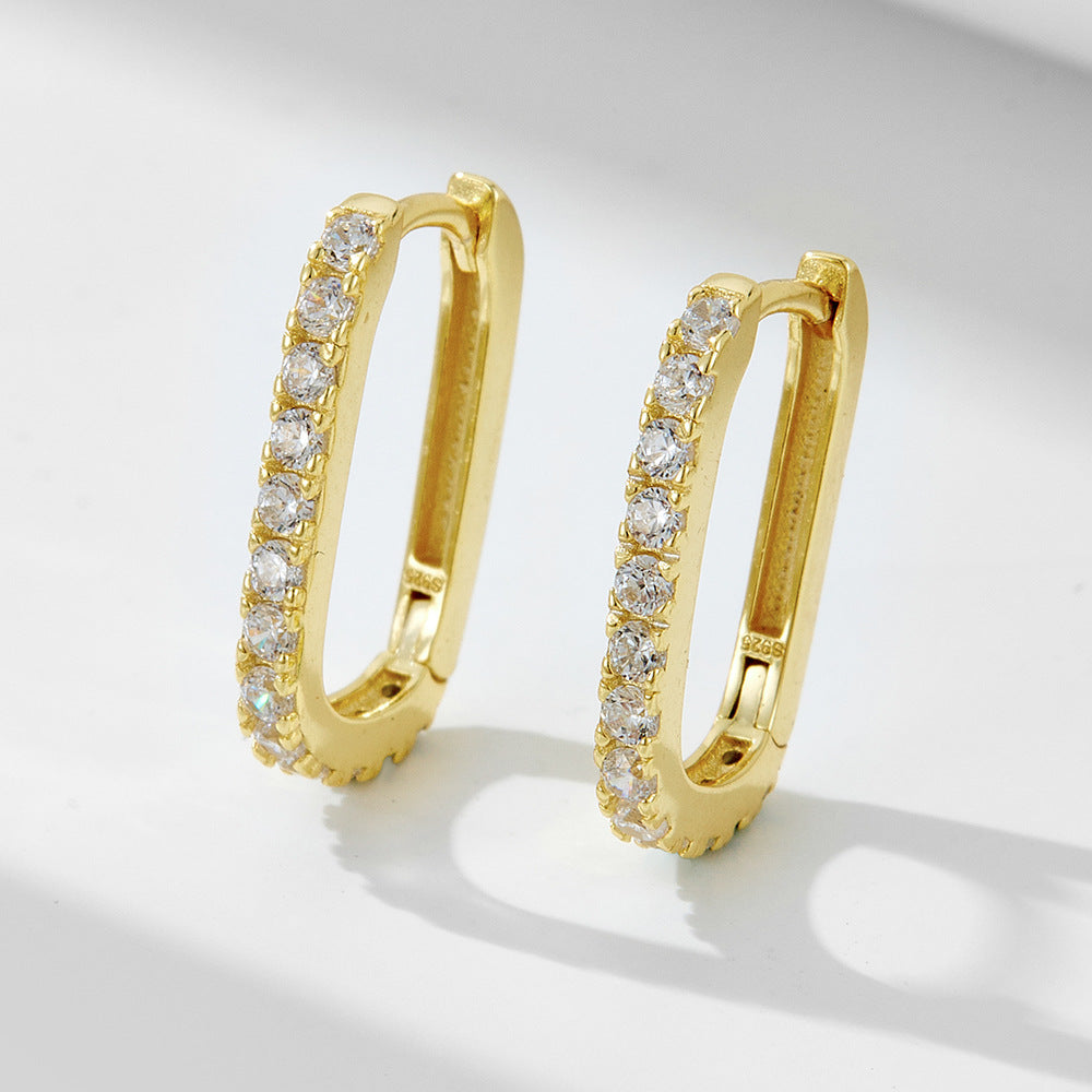 925 Sterling Silver Oval Zirconia Hoop Earrings, High-End Fashion Huggie Jewelry