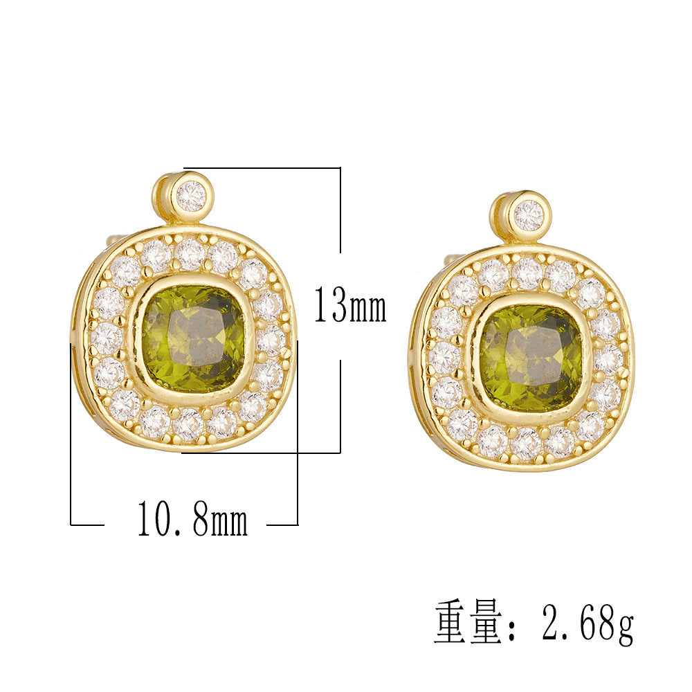 925 Sterling Silver Vintage Olive Green Zirconia Stud Earrings, Minimalist Geometric Jewelry
