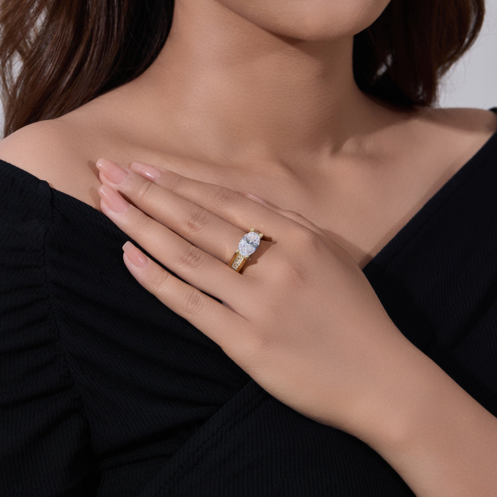 925 Sterling Silver 4.5 Carat Oval 5A Zirconia Ring, High-End Wide Band Hot Selling Jewelry