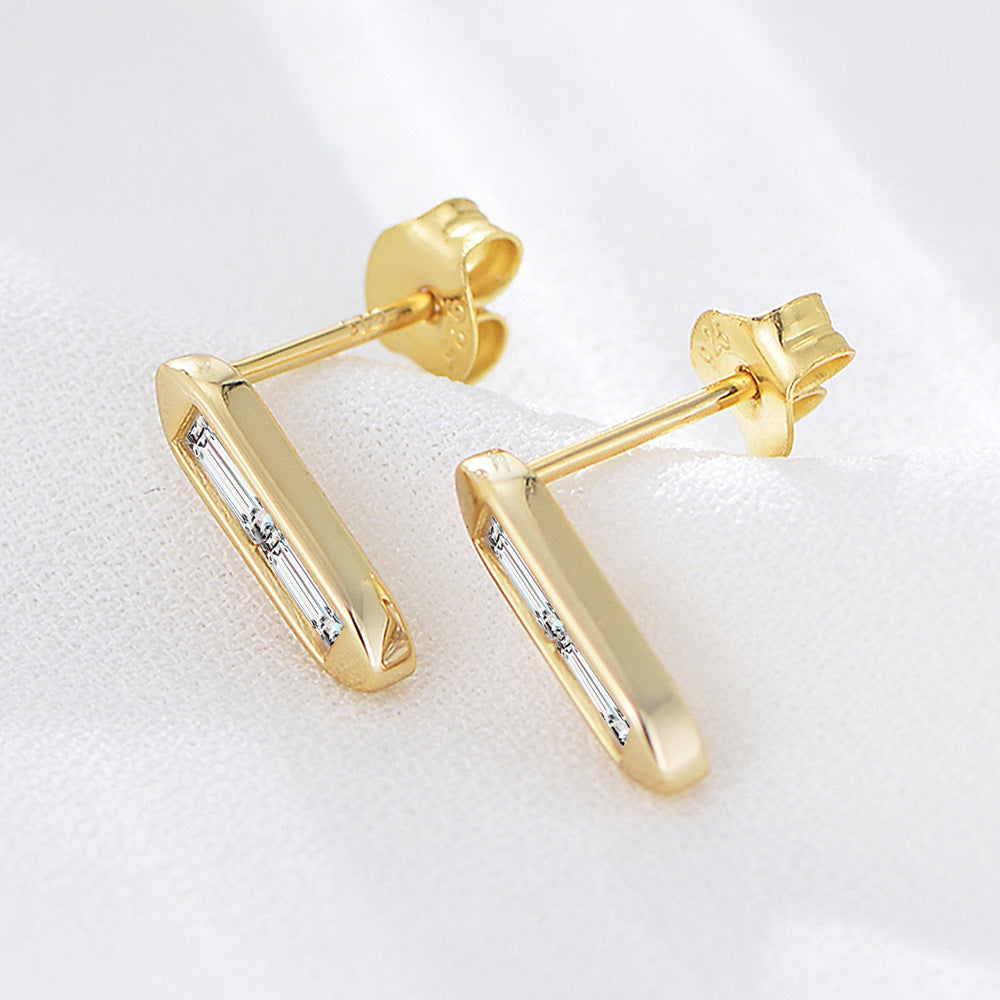 925 Sterling Silver Geometric Bar Stud Earrings, Sparkling Zirconia Jewelry