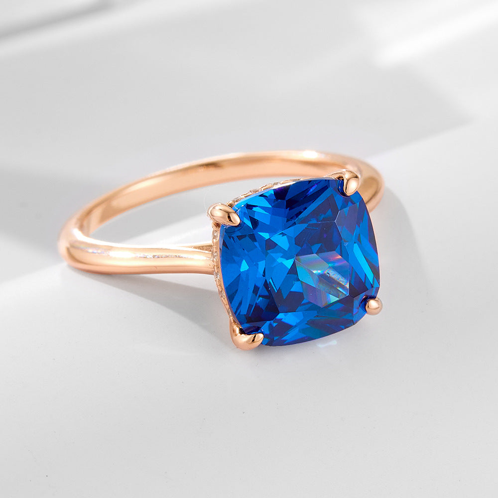 925 Sterling Silver Rose Gold Plated Cushion Cut Blue Zirconia Ring, Luxury Gemstone Jewelry
