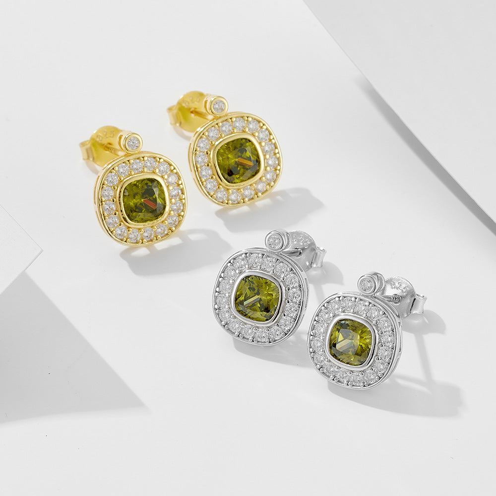 925 Sterling Silver Vintage Olive Green Zirconia Stud Earrings, Minimalist Geometric Jewelry