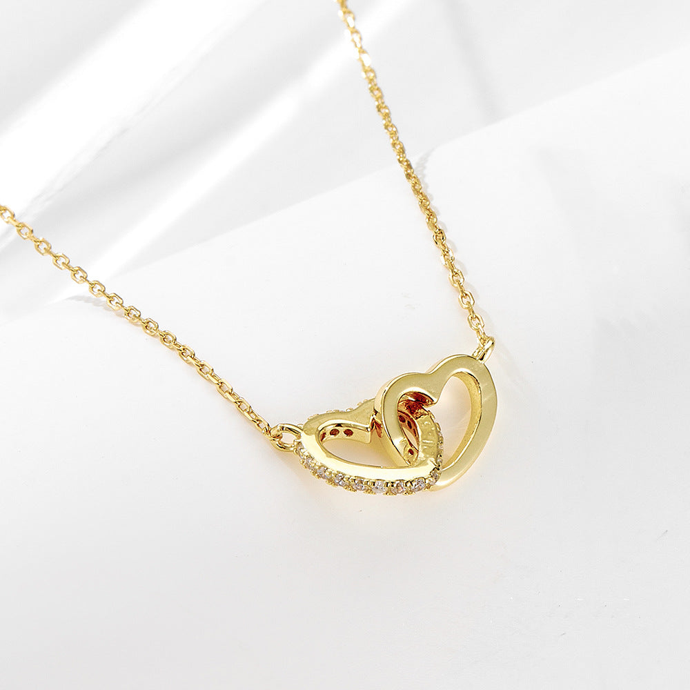 925 Sterling Silver Interlocking Heart Pave Zirconia Necklace, Minimalist High-End Jewelry