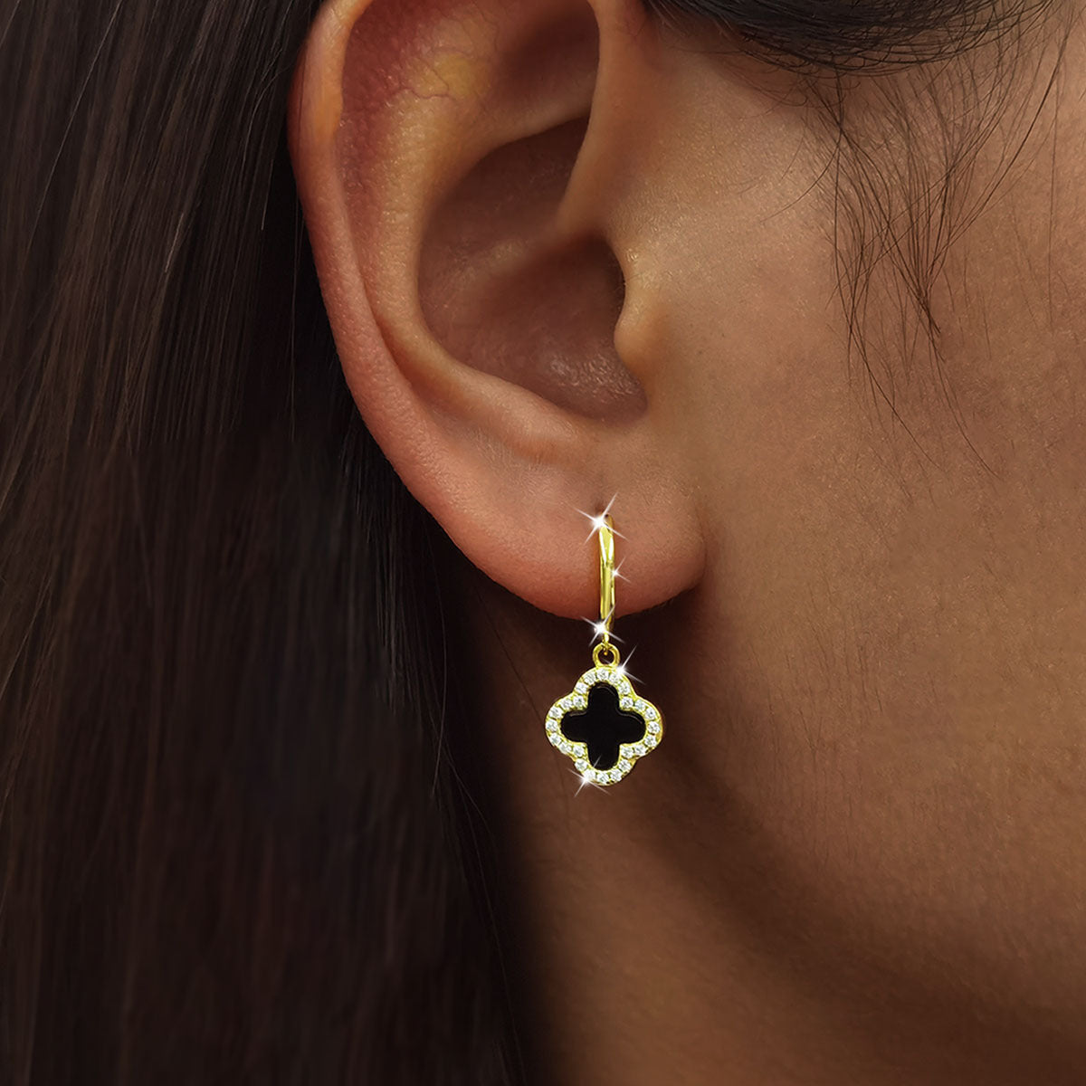 Four Leaf Clover Necklace & Earrings Set - Sterling Silver Black Agate Jewelry Gift