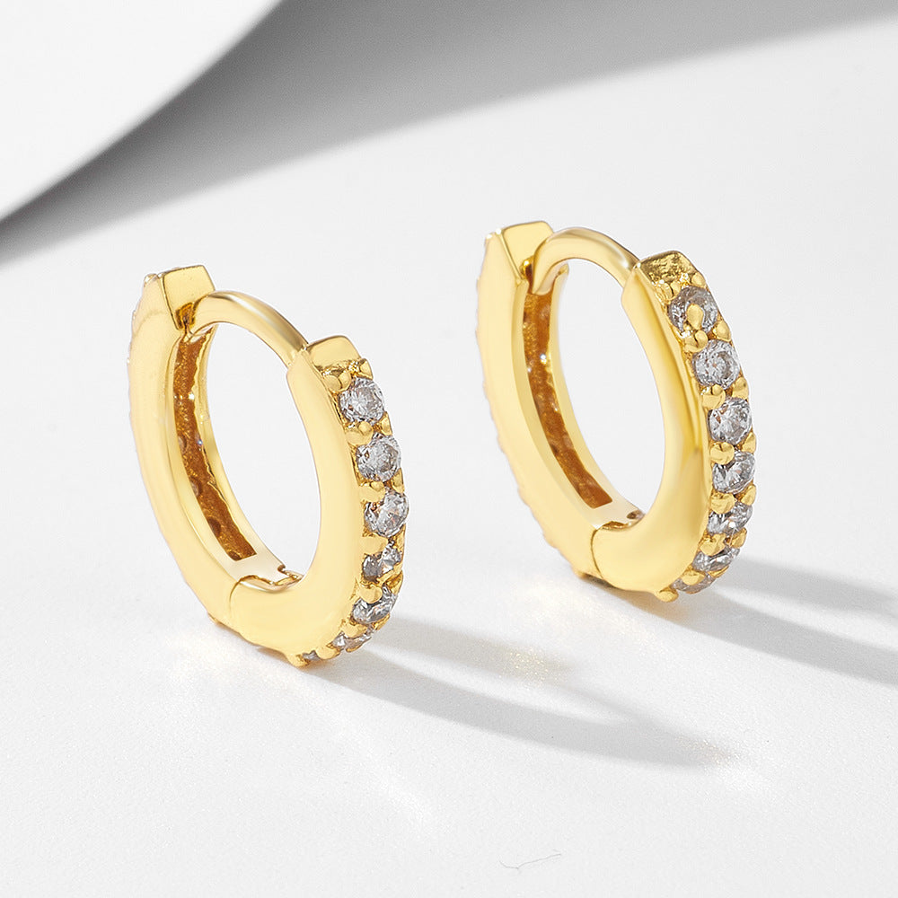 925 Sterling Silver Micro-Pave Zirconia Round Huggie Earrings, Minimalist High-End Jewelry
