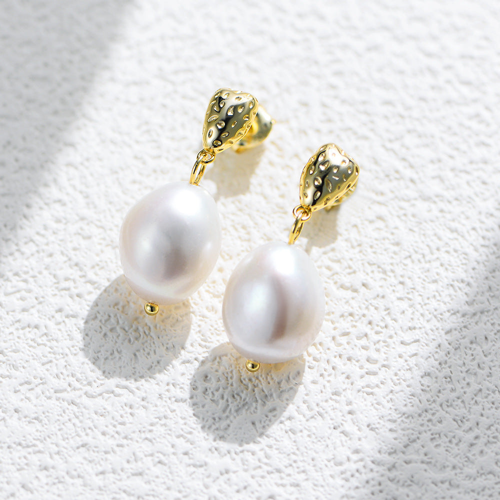 925 Sterling Silver Natural Baroque Pearl Earrings, French Vintage Romantic Jewelry
