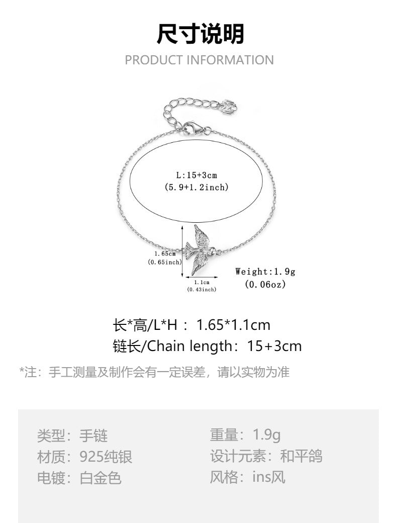 Dove Jewelry Set - 925 Sterling Silver Peace Pendant Necklace Bracelet