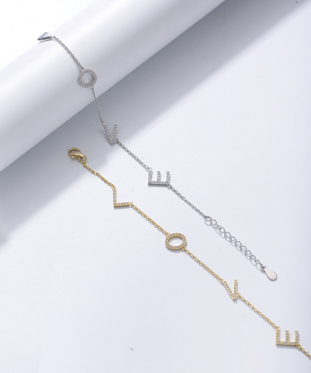 925 Sterling Silver LOVE Letter Bracelet, Sparkling Zirconia Jewelry