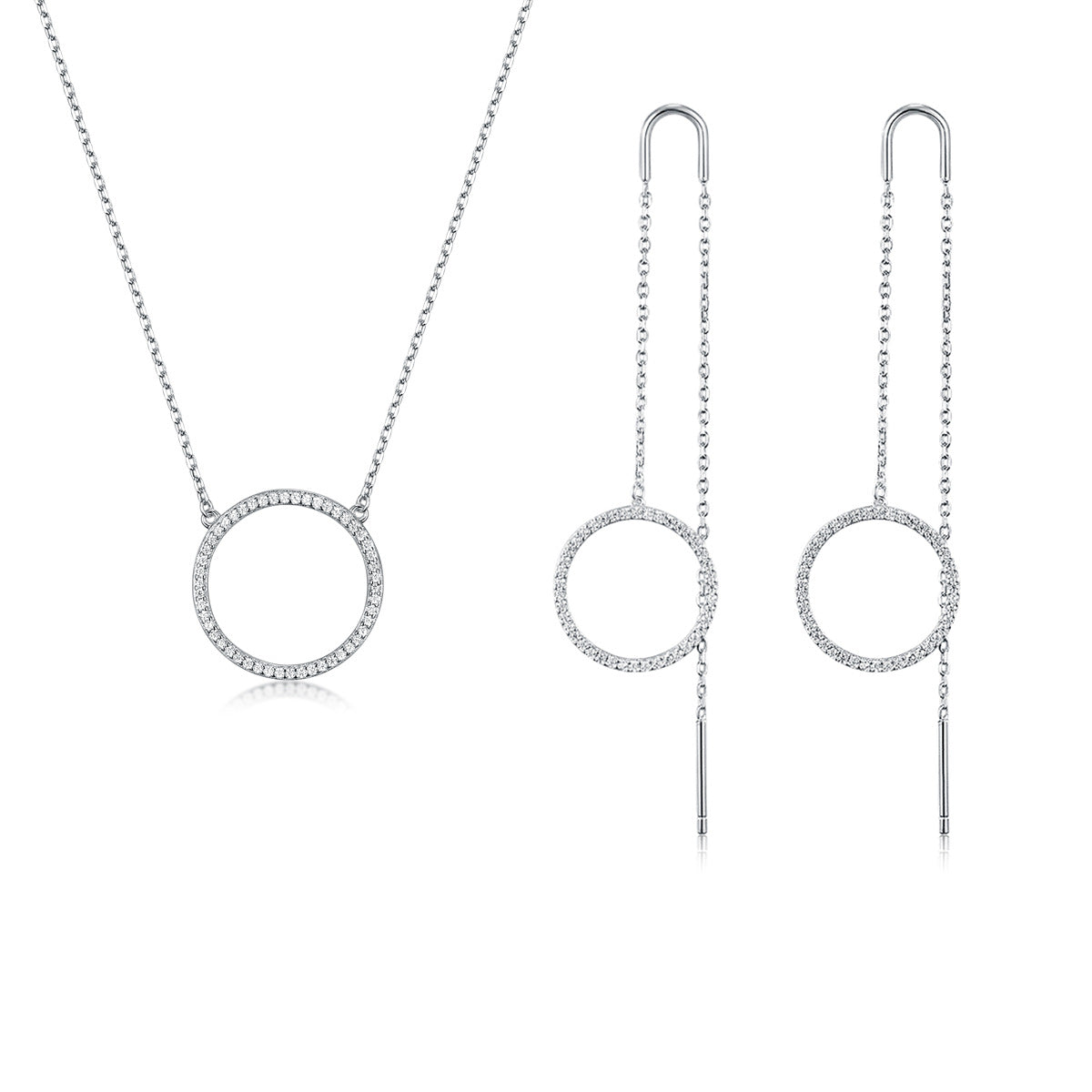 Zircon Circle Necklace Set - 925 Silver Geometric Layered Jewelry