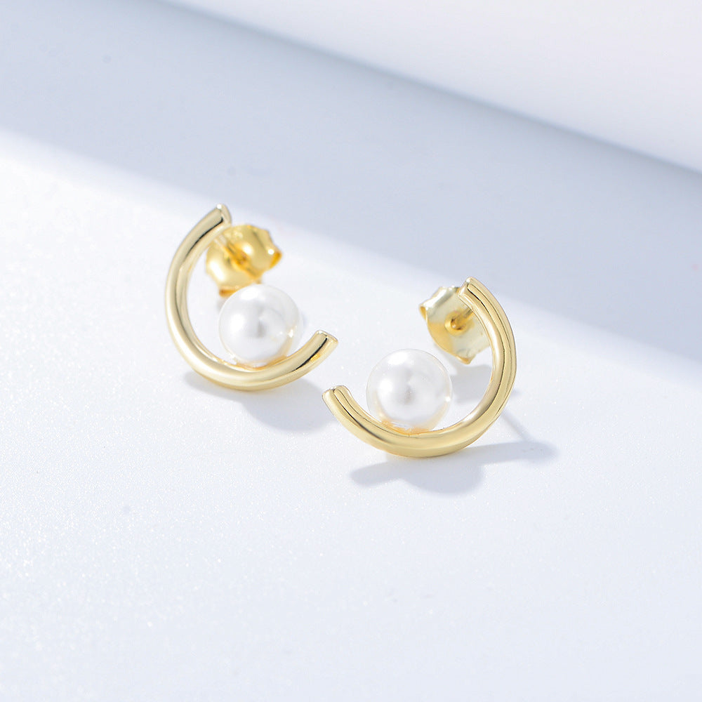 S925 Silver Modern C-Hoop Pearl Studs - Elegant Half-Circle Versatile Earrings