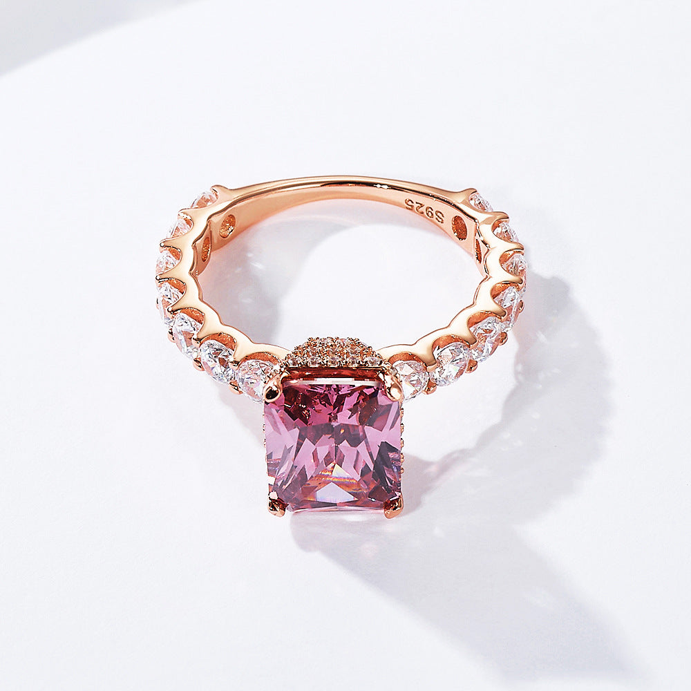 925 Sterling Silver Rose Gold Plated Full Pave Square Zirconia Ring, High-End Ins Style Luxury Jewelry