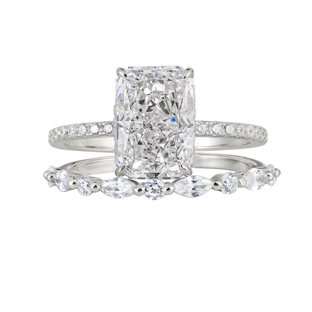 925 Sterling Silver Ice Flower Cut Zirconia Ring Set, High-End Light Luxury Ins Style Stacking Jewelry