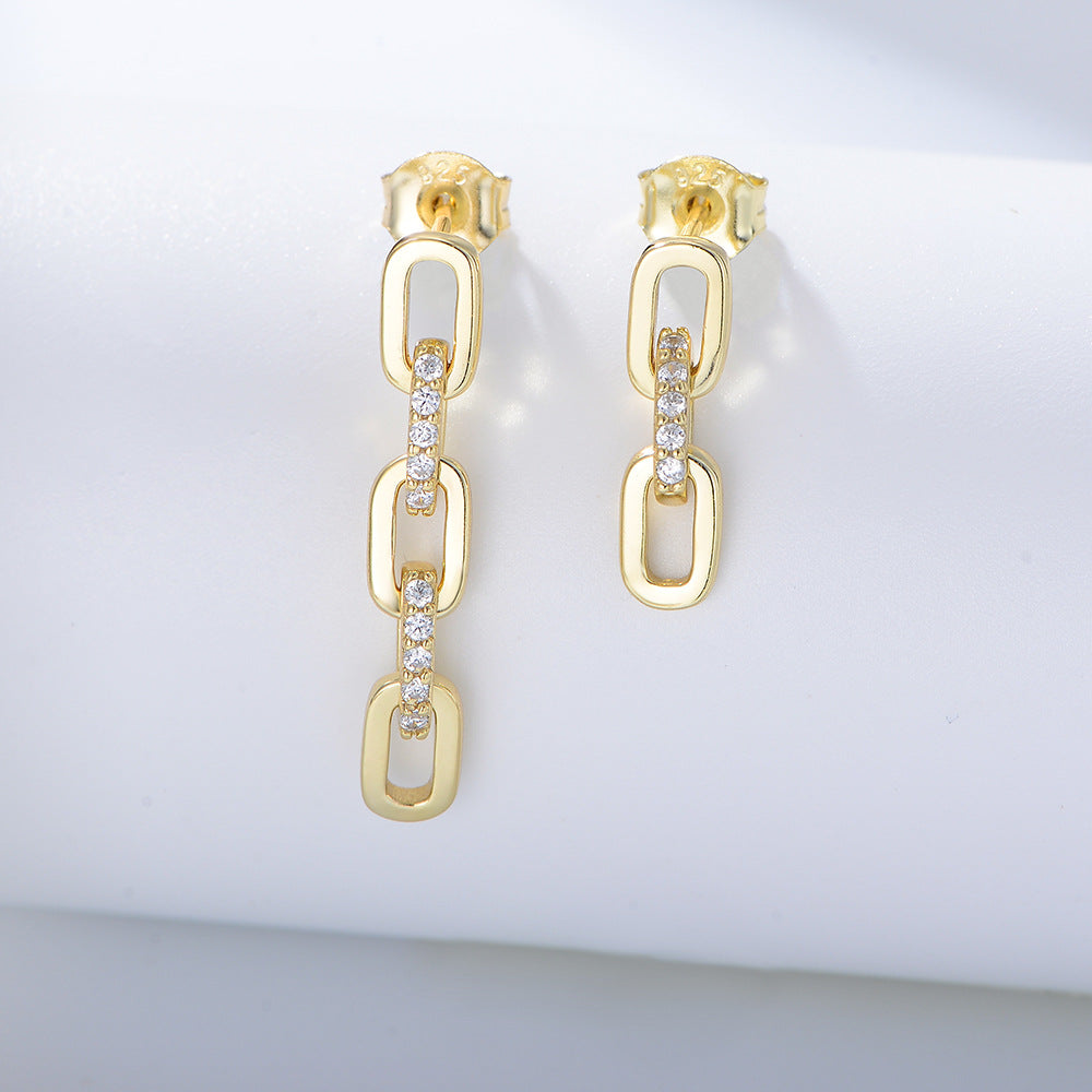 Sterling Silver Pave Zirconia Asymmetric Link Chain Drop Earrings for Women