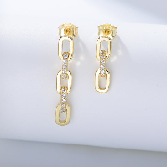 Sterling Silver Pave Zirconia Asymmetric Link Chain Drop Earrings for Women