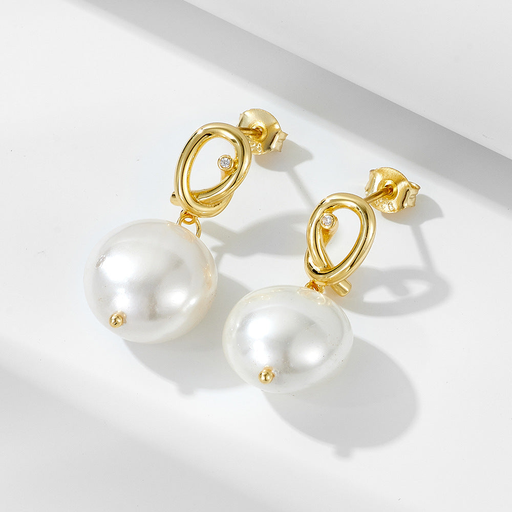 S925 Silver Modern Shell Button Pearl Earrings - Unique Geometric Studs